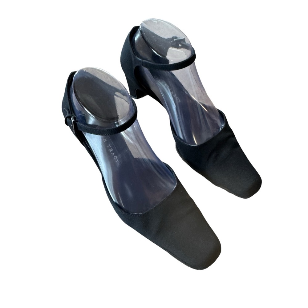 Women’s Ellen Tracy Size 7B Black Square Toe Ankle Strap Heels In Satin Fabric